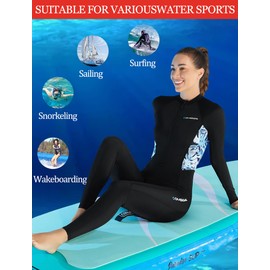 Full Body Wetsuit Women Patchwork Prints Floral Long Sleeve Diving Suit Front Zip Rash Guard Dive Skins for Kayaking Snorkeling Surfing