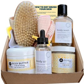 Dry Brush Skincare Set, Body Brush, Body Wash, Makeup Remover Pads, Sugar Scrub, Body Oil, Body Butter