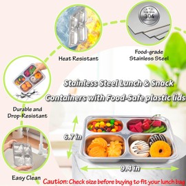 Stainless Steel Snack Containers with Lids - 3 Pack - 4 Compartments Bento Snack Boxes - Kids Metal Bento Lunch Box Divided Food Storage Containers for School Home Travel
