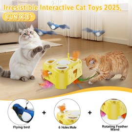 PANRIO 3-in-1 Interactive Cat Toy for Indoor Cats,Automatic Kitten Toys,Flying Bird,6 Holes Mole,Rotating Feather, USB Rechargeable Electronic Interactive Feather Toy for Bored Adult & Kitten Cats