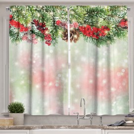 Cortinas By ambesonne, Evergreen ramas de abeto de Navidad con rojo Ripe Holly bayas guirnalda de Blurred telón de fondo, para salón o recámara ventana Cortinas 2 Panel Set, Rojo, Verde café, Multi 1, 1