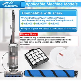 Leadaybetter Filter Replacement for Shark AZ2000 AZ2000W AZ2002 Vertex DuoClean PowerFin, 2 HEPA Filters, 4 Foam & Felt Filters, 1 Soft Brushroll, Part XHFAZ2000 XFFKAZ2000#1483FC2000