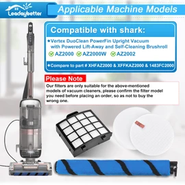 Leadaybetter Filter Replacement for Shark AZ2000 AZ2000W AZ2002 Vertex DuoClean PowerFin, 2 HEPA Filters, 4 Foam & Felt Filters, 1 Soft Brushroll, Part XHFAZ2000 XFFKAZ2000#1483FC2000