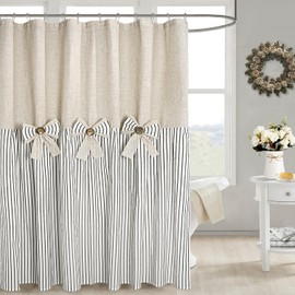 DOSLY IDÉES Linen Button Farmhouse Beige Shower Curtain,Bowknot,Linen and Cotton Woven Fabric,Pleated Black Stripe,Country Style,72x84 in