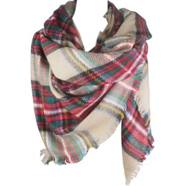 VIVIAN & VINCENT Women's Fall Winter Scarf Classic Tassel Plaid Tartan Scarf Warm Soft Chunky Large Blanket Wrap Shawl Scarves Christmas Red Green Beige