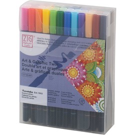 Kuretake ZIG ART & GRAPHIC TWIN 48 colors set, 0.8mm fine tip and the flexible brush, For illustrating, cartooning, Professional quality, AP-Certified, Odourless, Xylene Free, Made in Japan