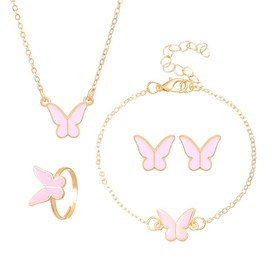 Butterfly Bracelet Earrings Ring Necklace for Women Butterfly Earring Necklace Bracelet Sets Pink Butterfly Stud Earrings and Ring Butterfly Bracelet for Women 5 Pcs Butterfly Necklace Set