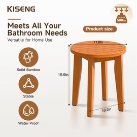 KISENG Round 16 Inch Bamboo Waterproof Shower Bathroom Stool Chair, Duty Wooden Bath Corner Shaving Legs Bench Seat (Honey Bamboo, XL)