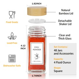 Aliggbent Spice Jars with Lable, 48 Pcs 4 oz Glass Spice Jars with Bamboo Lids, Spice Containers Bottles, Glass Seasoning Jars with Shaker Lids, Collapsible Funnel, for Spice Racks, Pantry,Cupboard