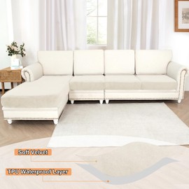 NAISI Waterproof Couch Cushion Covers Thick Velvet Fabric Washable Sofa Slipcovers Sectional Couch Covers for 4 Pieces Separate L Shape Couch Cover with Elastic Bottom(3 Seater + 1 Chaise,Ivory)