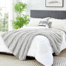 DREAMNINE Decorative Oversized Plush Fluffy Feather Faux Fur Throw Blanket 60" x 71",Extra Soft Long Shaggy Fuzzy Blanket, Double Sided Warm Elegant Furry Blanket for Gift Wedding Bed, Twin Size, Grey