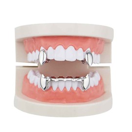 Psivika Gold Plated Shiny Hip Hop Teeth Grillz Caps Iced Out CZ Top and Bottom Vampire Fangs Grillz for Men and Women (Silver)