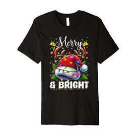 Merry and Bright Light Christmas Red Santa Hat Reindeer Xmas Premium T-Shirt