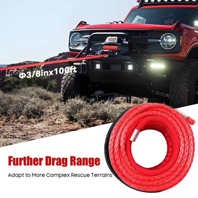 CUBELLIN 3/8" x 100FT Synthetic Winch Rope with Hook, 23,809