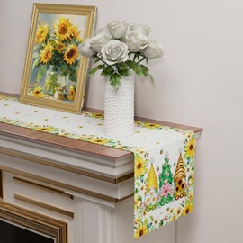 XCHI Yellow White Daisies Flowers Gnomes Spring Table Runner Burlap Table Decoration for Summer Seasonal Home Kitchen Dining Dinner Indoor Holiday Farmhouse Decor 13x108 Inch