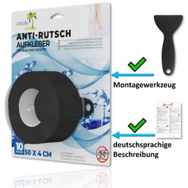 cocofy Large Non-Slip Stickers for Bath and Shower 50 x 4 cm XXL Pads, Black, Oblong, Non-Slip Stickers as Non-Slip Mat in the Shower Also for Children, Pack of 10