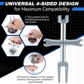 Enhon 4 Sided Drain Strainer Wrench with Sliding Handle for Bath/Shower Sink Tool for Installing Removing Pop Up Plugs, Basket Drains and Closet Spuds
