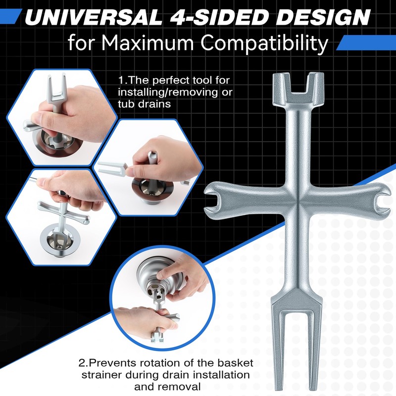 Enhon 4 Sided Drain Strainer Wrench with Sliding Handle for
