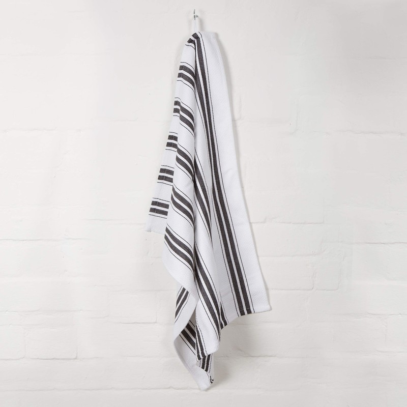 100% Cotton Tea Towel - Black Basketweave Stripe Pattern, Pack