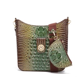 UBALDI Women Purse Satchel Bag Long Crossbody Classy Tote Bag Shoulder Purse Vegan Leather Ladies Handbags Embossed Pattern (Green Brown)