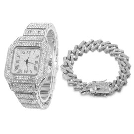 Halukakah Square Dial Diamond Gold Watch Iced Out, Men's 18k Real Gold/Platinum White Gold Plated Quartz Bracelet 24 cm, with Cuban Chain Necklace Bracelet Set Options, with Gift Box, Platinum-plated