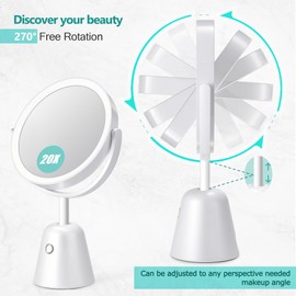 Schminkspiegel mit Beleuchtung,20X Vergrößerungsspiegel mit Licht, höhenverstellbar 8.5" Beleuchteter Makeup Spiegel, 3 Farben Beleuchtung dimmbar, wiederaufladbar Doppelseitiger Kosmetikspiegel, Weiß