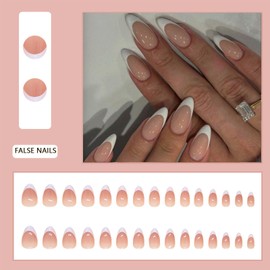 24pcs Almond False Nails - Nude Pink French Tip False Nail Tips - 12 Sizes Stick on Nails for Women - Medium Length Elegant White Tips Design Acrylic Fake Nails with Glue