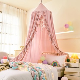 ZIQINPSQ Bed Canopy for Girls with Ruffled,Princess Round Dome Children Dreamy Mosquito Net Girls Room Decor Castle Play Tent,Children Reading Nook Canopies (Beige Pink)
