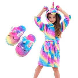 Piefry Unicorn Dressing Gowns for Girls Soft Hooded Robe Sleepwear with Unicorn Slippers, Unicorn Gifts for Girls (Rainbow Stars, 8-9 Years)