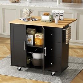 Shintenchi Kitchen Island with Folding Drop Leaf, Rolling Island Table with Storage, Kitchen Cabinet on Wheels with Seating Area for Kitchen, Bar Cart with Cabinet, Black