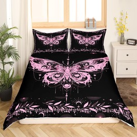 Homemissing Boho Pink Butterfly Comforter Cover Set Bohemian Moth Duvet Cover for Kids Boys Girls Moon Galaxy Bedding Set Black and Pink Bedspread Cover with 2 Pillowcases 3Pcs Bedding Double