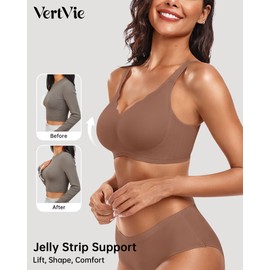 Vertvie Womens Seamless Bras No Underwire Supportive Wireless Push Up Full Coverage Bralette Comfort Scalloped T-Shirt Bra(Coffee,Large)