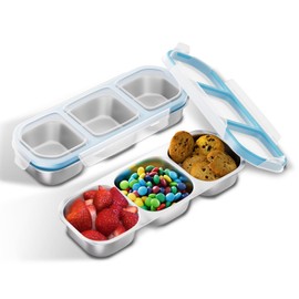 Bakpoco Recipientes para aperitivos de acero inoxidable para adultos y niños con tapa, paquete de 2 3 compartimentos para almacenamiento de alimentos, reutilizable, a prueba de fugas, agarre y marcha