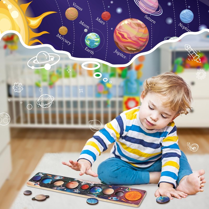 Zeoddler Solar System Toys for Kids 3-6, Wooden Space Puzzle,