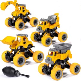 4 Pzas de Camiones de Juguete, Carritos de Juguete Educativo con 8 Señales de Tráfico y 1 Destornillador, Juego de Construcción para Niños de 3 a 8 Años, Regalo de Cumpleaños, Navidad, Fiestas