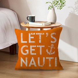 ULOVE LOVE YOURSELF Costal Beach Throw Pillow Cover Let’s Get Nauti Anchor House Decor Cushion Covers Nautical Summer Decorative Pillowcases 18x18 inch（Orange）