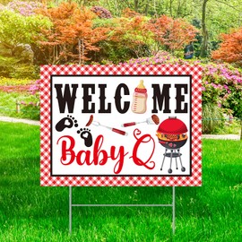 BBQ Baby Shower Decorations - Welcome Baby Q Baby Shower Yard Sign with Stakes Garden Decor, Barbeque Picnic Summer BBQ Gender Reveal Party Supplies