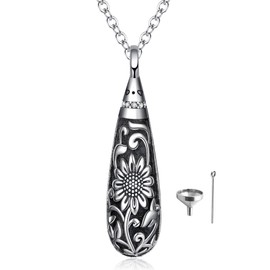 Sunflower Urn Necklace Cylinder Teardrop Shape Urn for Ashes 925 Sterling Silver Pendant Necklace Keepsake for Burial Memory Keepsake Cremation Jewelry for Women