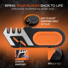 3-Step Knife & Scissor Sharpener with 5 Adjustable Angles, Manual, Pull Through for Kitchen, Chef, Pocket & Filet Knives, Tungsten, Diamond & Ceramic Rods for Repair, Restore & Polish, Non-Slip Base
