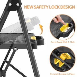 TOOLF 3 Step Ladder, Sturdy Steel Step Stool with Anti-Slip Wide Pedals, Handrail, Safe-Lock Design, Folding Portable Ladder for Multi-Purpose, Home, Kitchen, Pass 800lbs Load Testing, Black