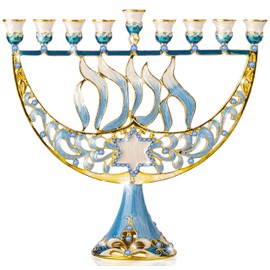 Ner Mitzvah Hanukkah Menorah - Fits All Standard Chanukah Candles - Modern Jeweled Candle Menorahs for Chanukah - Star of David, Chanukah Calligraphy