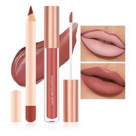 DAGEDA 2Pcs Lip Liner and Lipstick Makeup Set, Matte Liquid Lipstick + Matching Lip Liner, Nude Velvety Lipstick Makeup Kit Gift Set, Waterproof Long Lasting labiales mate 24 horas originales (L)