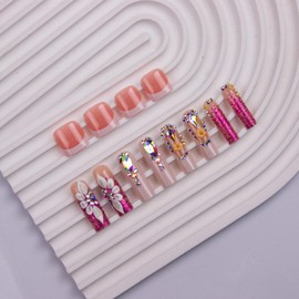 French Tip Press on Nails Long & Press on Toenails Set, Rhinestone Flowers Fake Nails White French Acrylic Toenails Square False Nails Press ons Full Cover Glue on Nails for Women Manicure 48Pcs