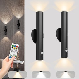 Battery Operated Wall Sconce Set of Two, Rechargeable Wall Lights with Motion Sensor, Remote Control, Dimmable Metal Magnetic Wall Lamp for Decor, Bedroom, Night Light (Black, 2 Pcs)