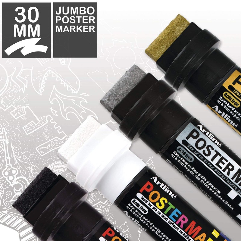 Artline Poster Markers, 30 mm Writing Width, Metallic Colors, 4