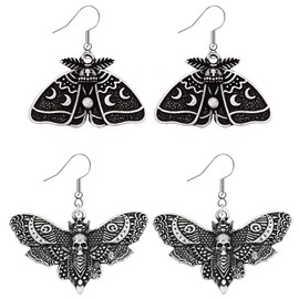 Weenkeey 2 Pairs Goth Butterfly Dangle Earrings Luna Moth Earrings Crescent Moon Star Drop Earrings Punk Skull Pendant Earrings for Women Girls - Silver