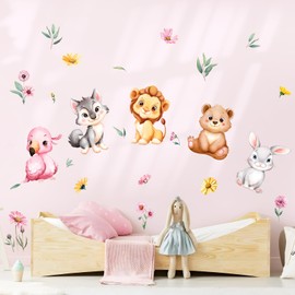 Jungle Animals Wall Decals Cartoon Flamingo Bear Lion Rabbit Wall Stickers Peel and Stick Wall Art Decor for Baby Girls Toddlers Bedroom Livingroom Nursery Playroom Classroom