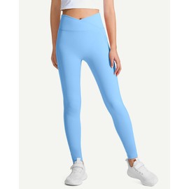 JOCMIC Girls Athletic Leggings Cross High Waist for Kids Yoga Dance Gym Pants with Pocket Blue 7-8 Years