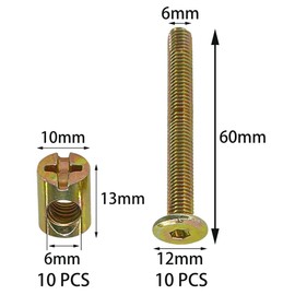 10-Set M6 Furniture Bolt and Nut Kit, Hex Socket Bed Bolts, Screws, and Nuts (60mm)