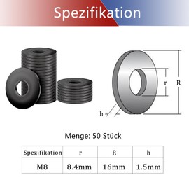 Pack of 50 Washers M8, Black Flat Washers Stainless Steel A2 V2A, Washers, Metal Washers for Screws and Nuts